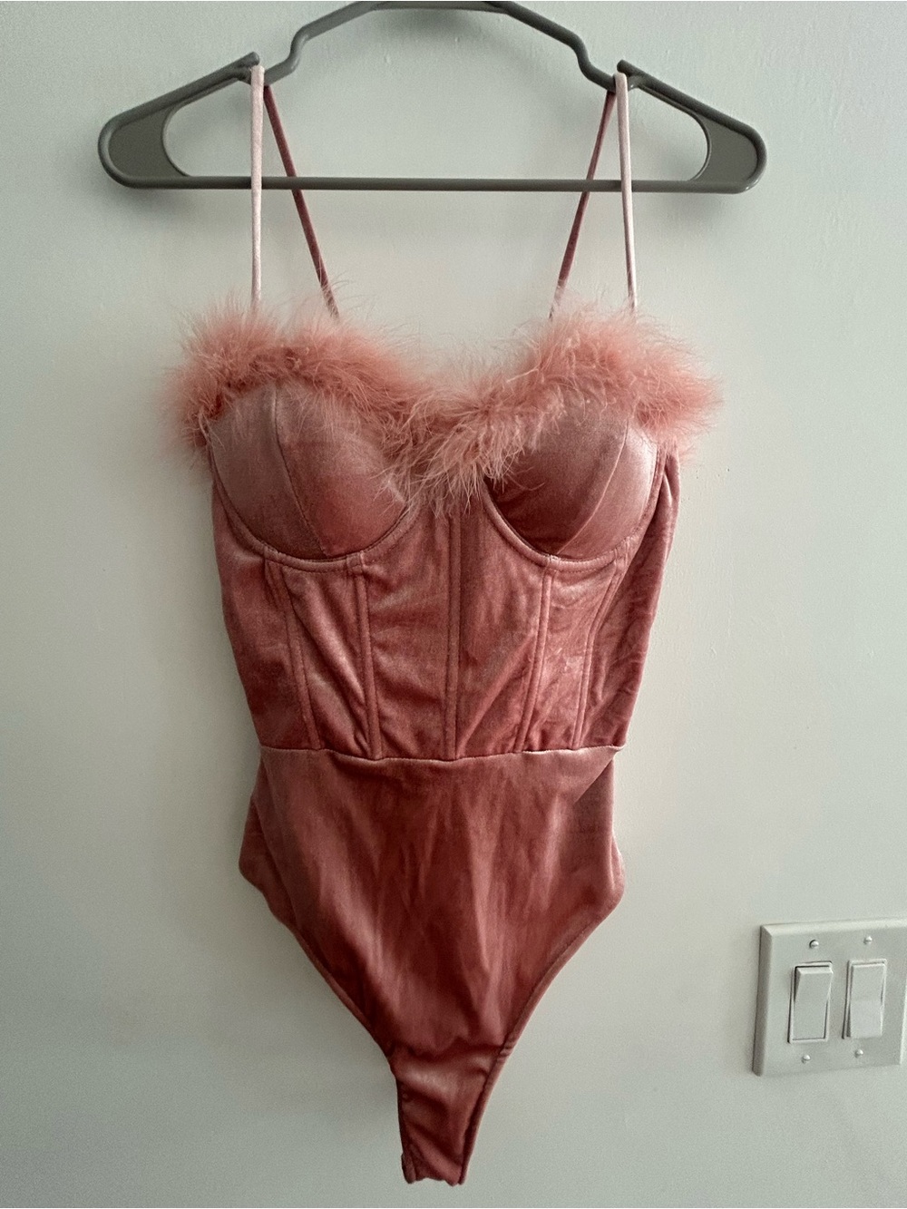 Windsor Rose Pink Velvet Feather Trim Bodysuit